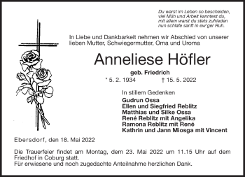 Traueranzeige von Anneliese Höfler von Neue Presse Coburg