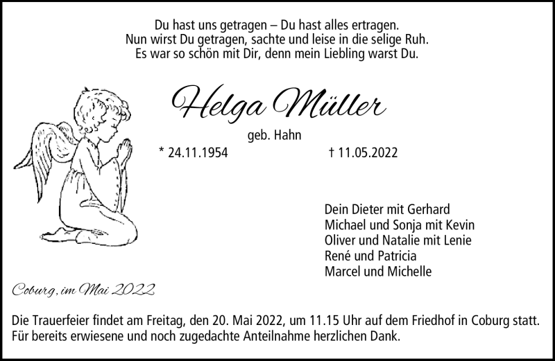  Traueranzeige für Helga Müller vom 14.05.2022 aus Neue Presse Coburg