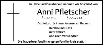Traueranzeige von Anni Pfletscher von Frankenpost