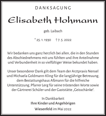 Traueranzeige von Elisabeth Hohmann von Südthüringer Presse