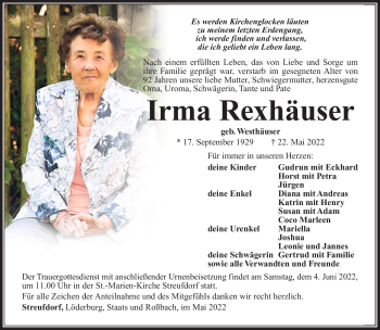 Traueranzeige von Irma Rexhäuser von Südthüringer Presse