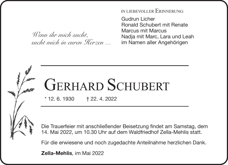  Traueranzeige für Gerhard Schubert vom 07.05.2022 aus Südthüringer Presse