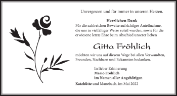Traueranzeige von Gitta Fröhlich von Südthüringer Presse