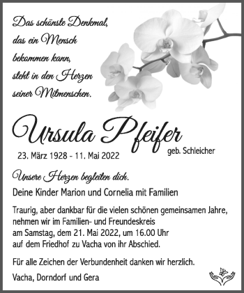 Traueranzeige von Ursula Pfeifer von Südthüringer Presse