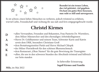 Traueranzeige von Christel Kirmes von Südthüringer Presse