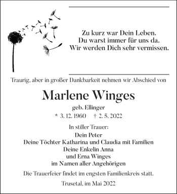 Traueranzeige von Marlene Winges von Südthüringer Presse