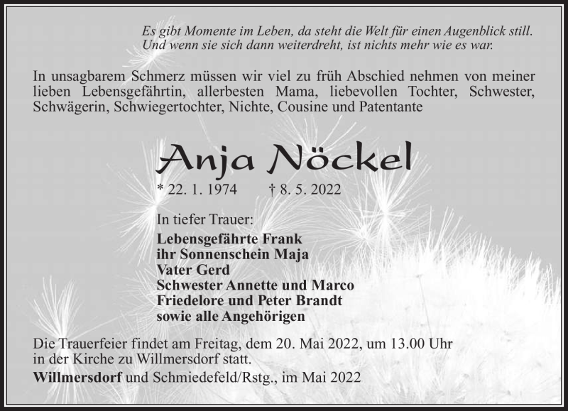  Traueranzeige für Anja Nöckel vom 17.05.2022 aus Südthüringer Presse