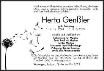 Traueranzeige von Herta Genßler von Südthüringer Presse