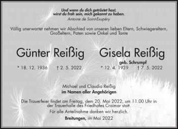 Traueranzeige von GiselaGünter ReißigReißig von Südthüringer Presse