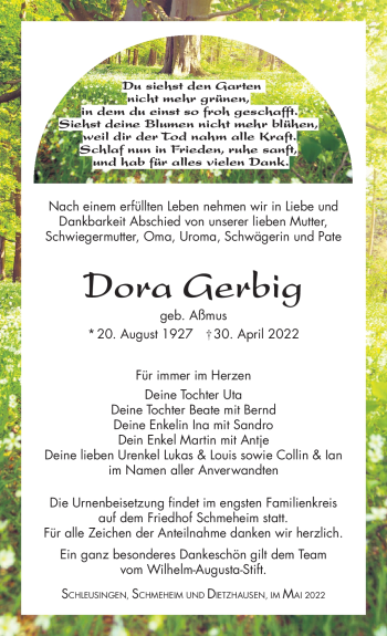 Traueranzeige von Dora Gerbig von Südthüringer Presse