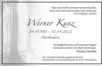 Traueranzeige von Werner Kunz von Frankenpost