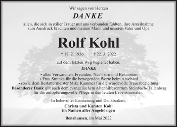 Traueranzeige von Rolf Kohl von Südthüringer Presse