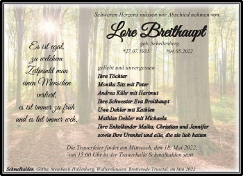 Traueranzeige von Lore Breithaupt von Südthüringer Presse