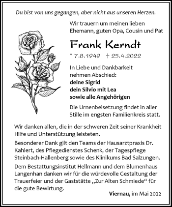 Traueranzeige von Frank Kerndt von Südthüringer Presse