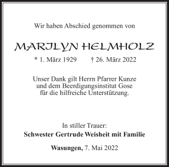 Traueranzeige von Marilyn Helmholz von Südthüringer Presse
