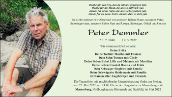 Traueranzeige von Peter Demmler von Südthüringer Presse
