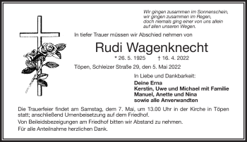 Traueranzeige von Rudi Wagenknecht von Frankenpost
