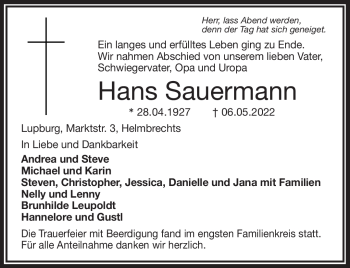 Traueranzeige von Hans Sauermann von Frankenpost