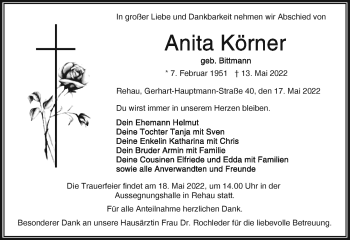Traueranzeige von Anita Körner von Frankenpost