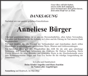 Traueranzeige von Anneliese Bürger von Südthüringer Presse