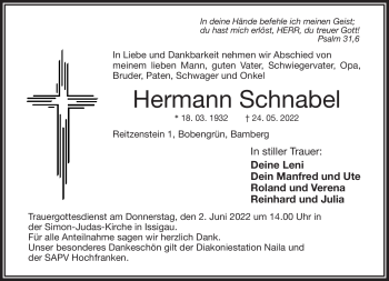 Traueranzeige von Hermann Schnabel von Frankenpost