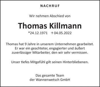 Traueranzeige von Thomas Killmann von Neue Presse Coburg
