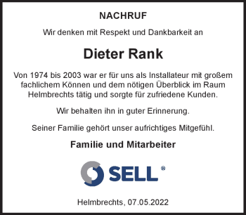 Traueranzeige von Dieter Rank von Frankenpost
