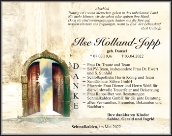 Traueranzeige von Ilse Holland-Jopp von Südthüringer Presse