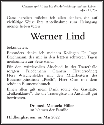 Traueranzeige von Werner Lind von Südthüringer Presse