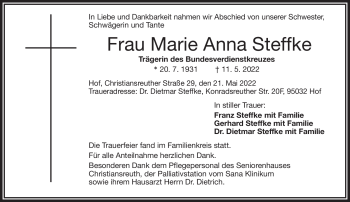 Traueranzeige von Marie Anna Steffke von Frankenpost