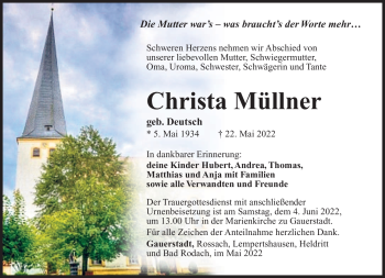 Traueranzeige von Christa Müller von Südthüringer Presse