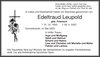 Traueranzeige von Edeltraud Leupold von Frankenpost