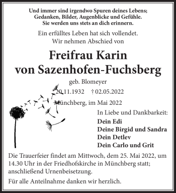 Traueranzeige von Karin Freifrau von Sazenhofen-Fuchsberg von Frankenpost