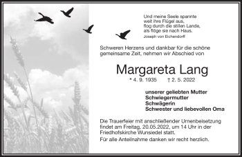 Traueranzeige von Margareta Lang von Frankenpost