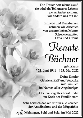 Traueranzeige von Renate Büchner von Südthüringer Presse