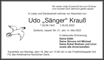 Traueranzeige von Udo Krauß von Frankenpost