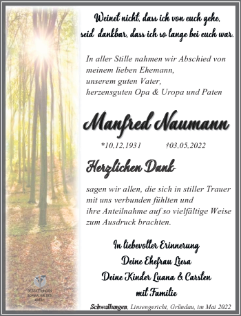 Traueranzeige von Manfred Naumann von Südthüringer Presse