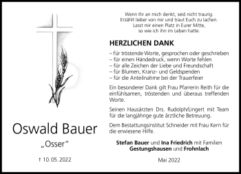 Traueranzeige von Oswald Bauer von Neue Presse Coburg