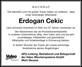 Traueranzeige von Erdogan Cekic von Neue Presse Coburg