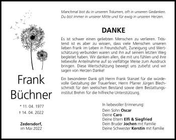 Traueranzeige von Frank Büchner von Neue Presse Coburg