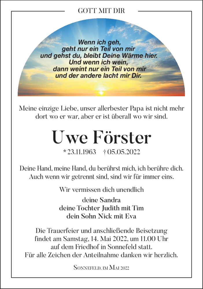  Traueranzeige für Uwe Förster vom 11.05.2022 aus Neue Presse Coburg