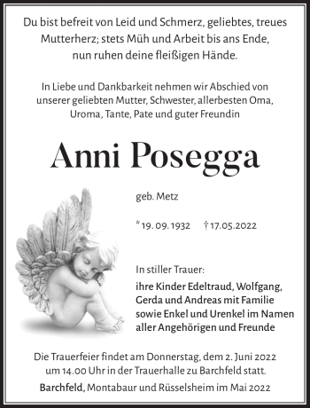 Traueranzeige von Anni Posegga von Südthüringer Presse