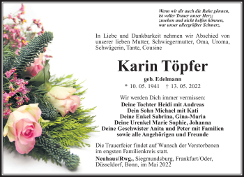 Traueranzeige von Karin Töpfer von Südthüringer Presse