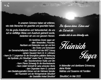 Traueranzeige von Heinrich Jäger von Südthüringer Presse