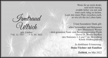 Traueranzeige von Irmtraud Ullrich von Südthüringer Presse