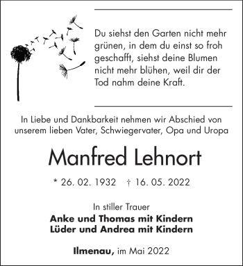 Traueranzeige von Manfred Lehnort von Südthüringer Presse