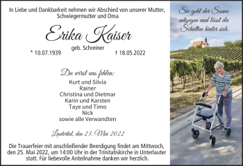 Traueranzeige von Erika Kaiser von Neue Presse Coburg