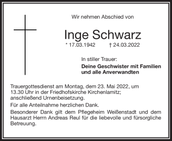 Traueranzeige von Inge Schwarz von Frankenpost
