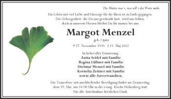 Traueranzeige von Margot Menzel von Frankenpost