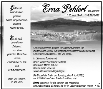 Traueranzeige von Erna Pehlert von Südthüringer Presse
